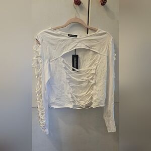 Current Mood - White Long Sleeve Shredded Shirt - XXL